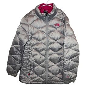 The North Face Girls XL 18 Silver Down Puffer Jacket Hooded Pink Lined 550 Fill